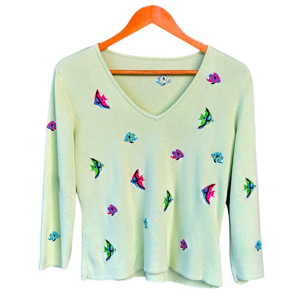 Alexandra Bartlett Cotton Sweater Petite Large Green V-Neck Embroidered Fish 3/4